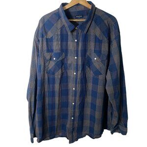 Double Pump Plaid Pearl Snap Western Shirt Men 3XL Blue Long Sleeve Cowboy